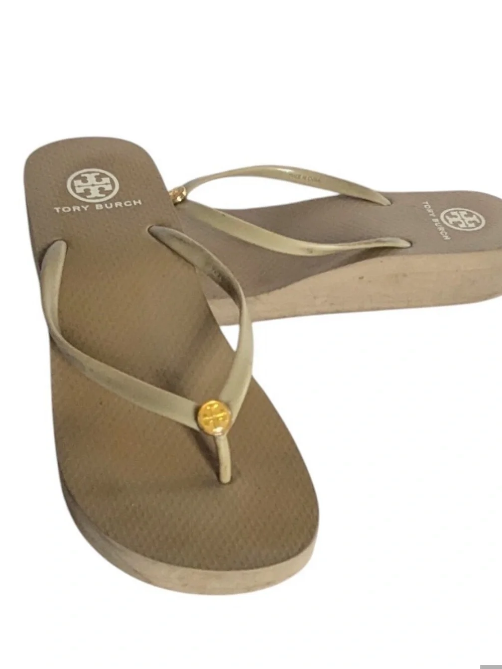 Tory Burch Beige Platform Flip Flop Wedge Sandals with Gold Logo